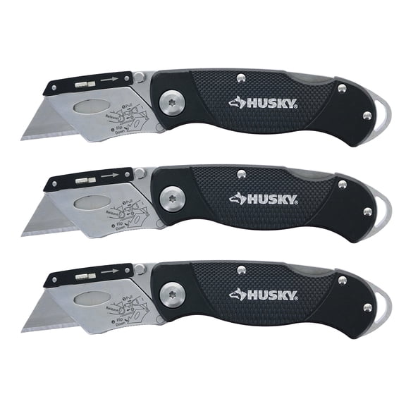 Husky Folding Sure-Grip Lock Back Utility Knives Multi Pack (3 Piece Set: 3 x Husky Knives w/ Blades) (Colors Vary)