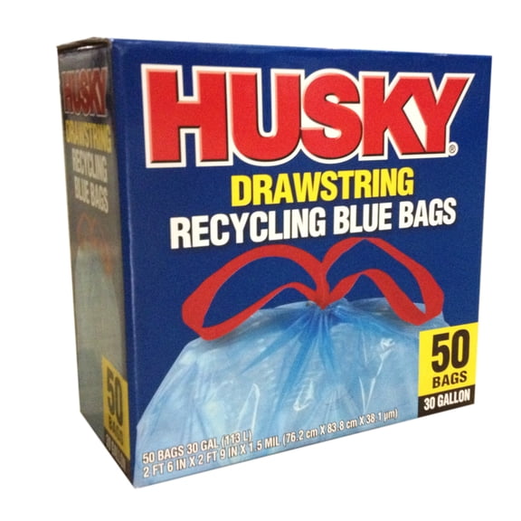 Husky HK30DS050BU 30-Gallon Drawstring Recycling Blue Bags, 50 Count