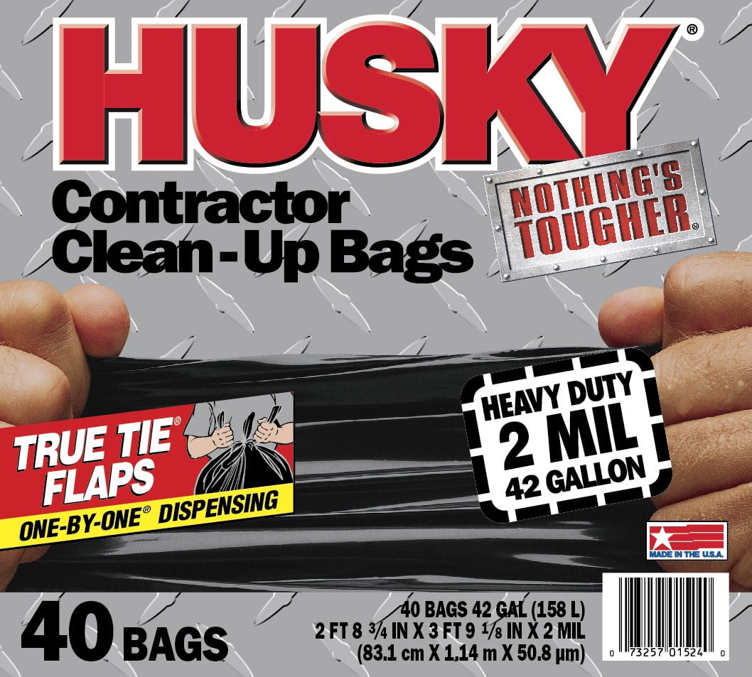  Husky Heavy Duty Contractor Clean-Up Bag, Poly, 42 gal, 4 ft L  x 2 ft 9 in W x 2 mil T, Black : Tools & Home Improvement