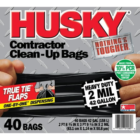 Husky Heavy Duty Contractor Black Bags, 42 Gallon, 40 Bags, 2 Mil (10% PCR)