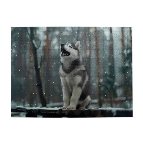 Husky Howling Winter Forest 500-Piece Wooden Jigsaw Puzzle for Adults, Fun & Challenging Family Game, Stylish Wall Decor & Holiday Gift