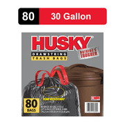 Husky Large Trash Bags, 30 Gallon, 80 Black Bags (Unscented, Tear-Resistant, Drawstring, 20% PCR)