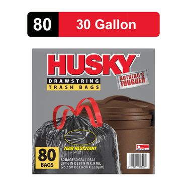 Husky Large Trash Bags, 30 Gallon, 80 Black Bags (Unscented, Tear-Resistant, Drawstring, 20% PCR)