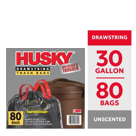Husky 30 Gallon Large Drawstring Trash Bags, 80 Bags