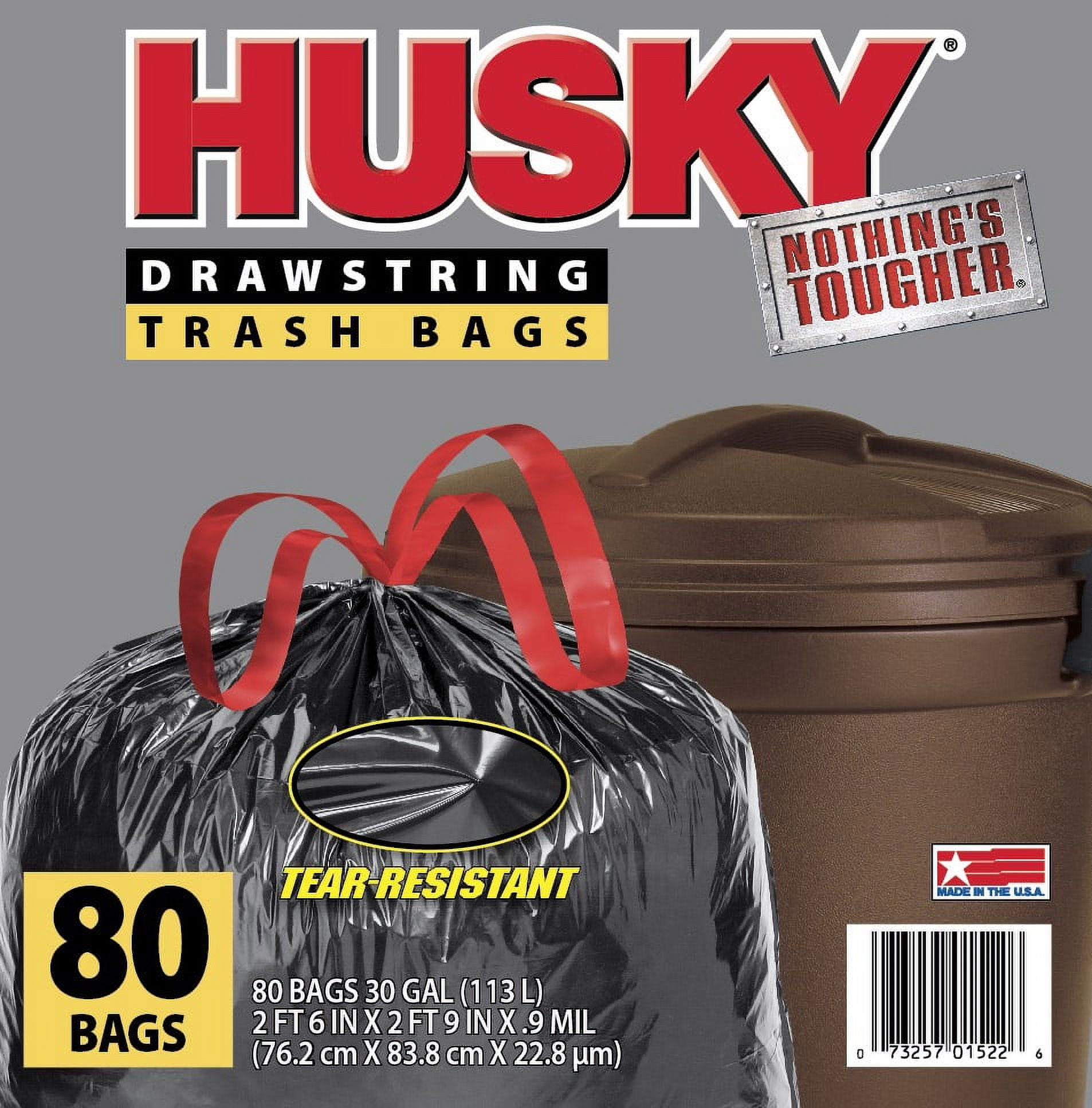 Husky Large Trash Bags, 30 Gallon, 80 Black Bags (Unscented,  Tear-Resistant, Drawstring) 