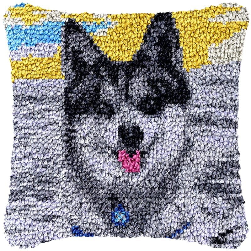 Husky Latch Hook Pillow Cover Kits for DIY Handmade Throw Pillow Cross Stitch Latch Hook Pillowcase Rug Kits with Preprinted Color Pattern Canvas Crochet Yarn Kits 17''X 17''(fv116)