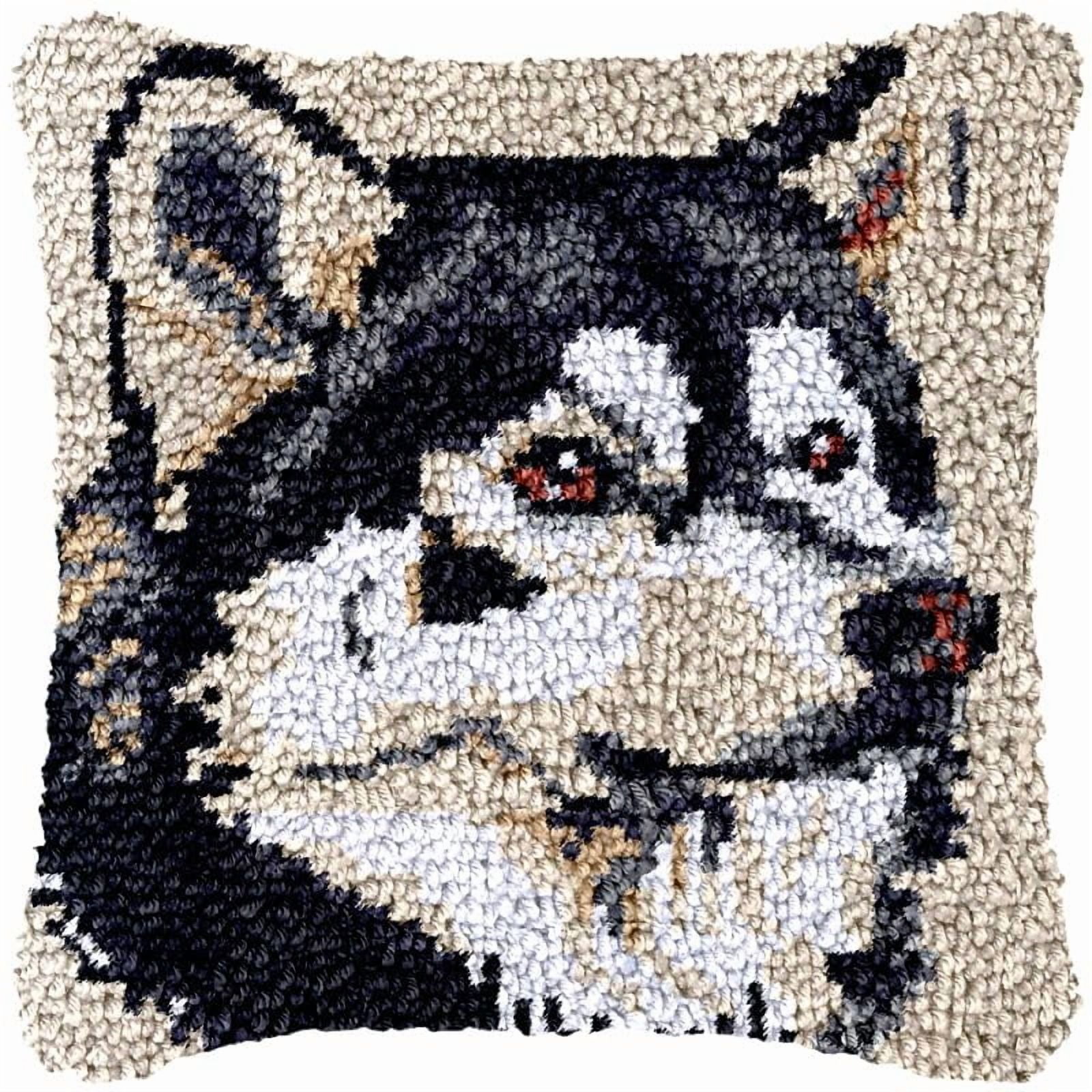 Husky Latch Hook Pillow Cover Kits for DIY Handmade Throw Pillow Cross Stitch Latch Hook Pillowcase Rug Kits with Preprinted Color Pattern Canvas Crochet Yarn Kits 17''X 17''(ys154)