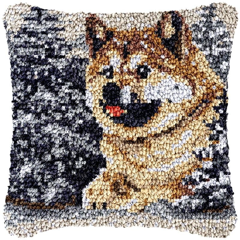 Husky Latch Hook Pillow Cover Kits for DIY Handmade Throw Pillow Cross Stitch Latch Hook Pillowcase Rug Kits with Preprinted Color Pattern Canvas Crochet Yarn Kits 17''X 17''(ys87)