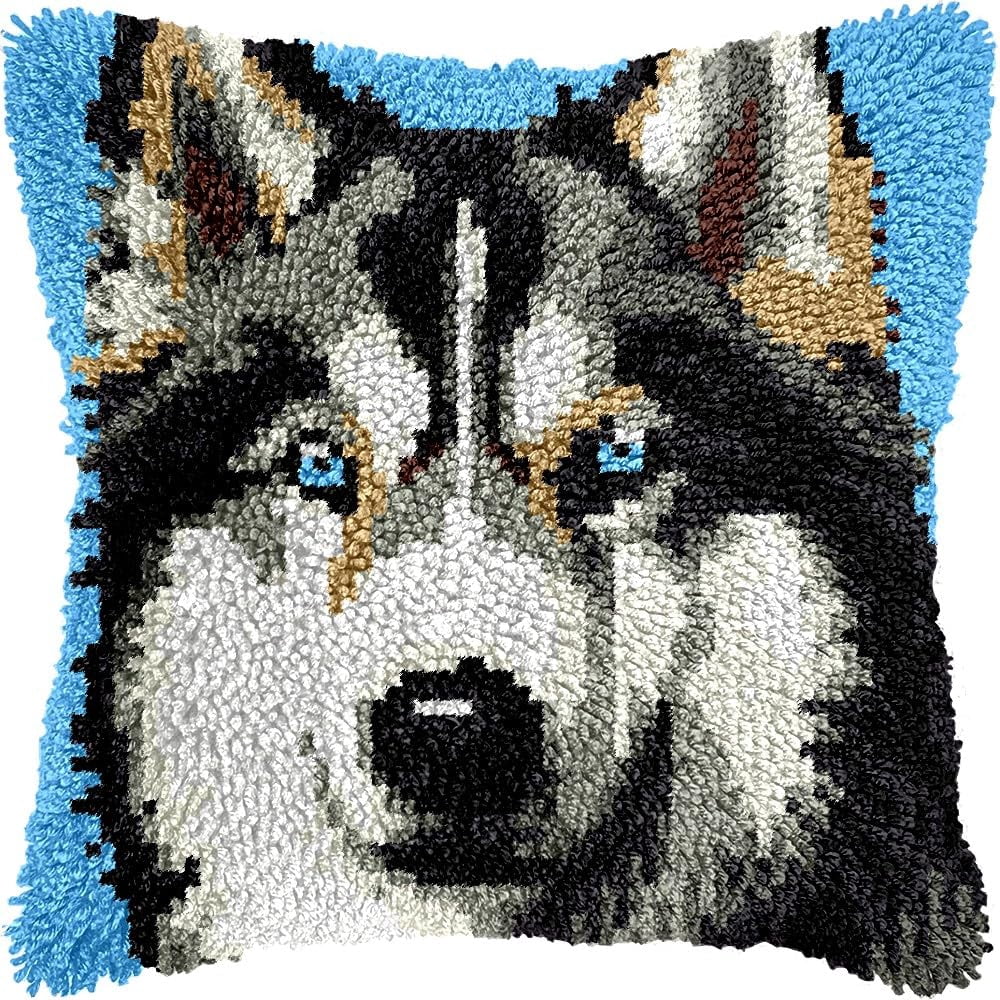 Husky Latch Hook Pillow Kits for DIY Handmade Throw Pillow Cushion Embroidery Latch Hooking Pillowcase Kits with Preprinted Canvas Crochet Yarn Kits 17''X 17''(g257)