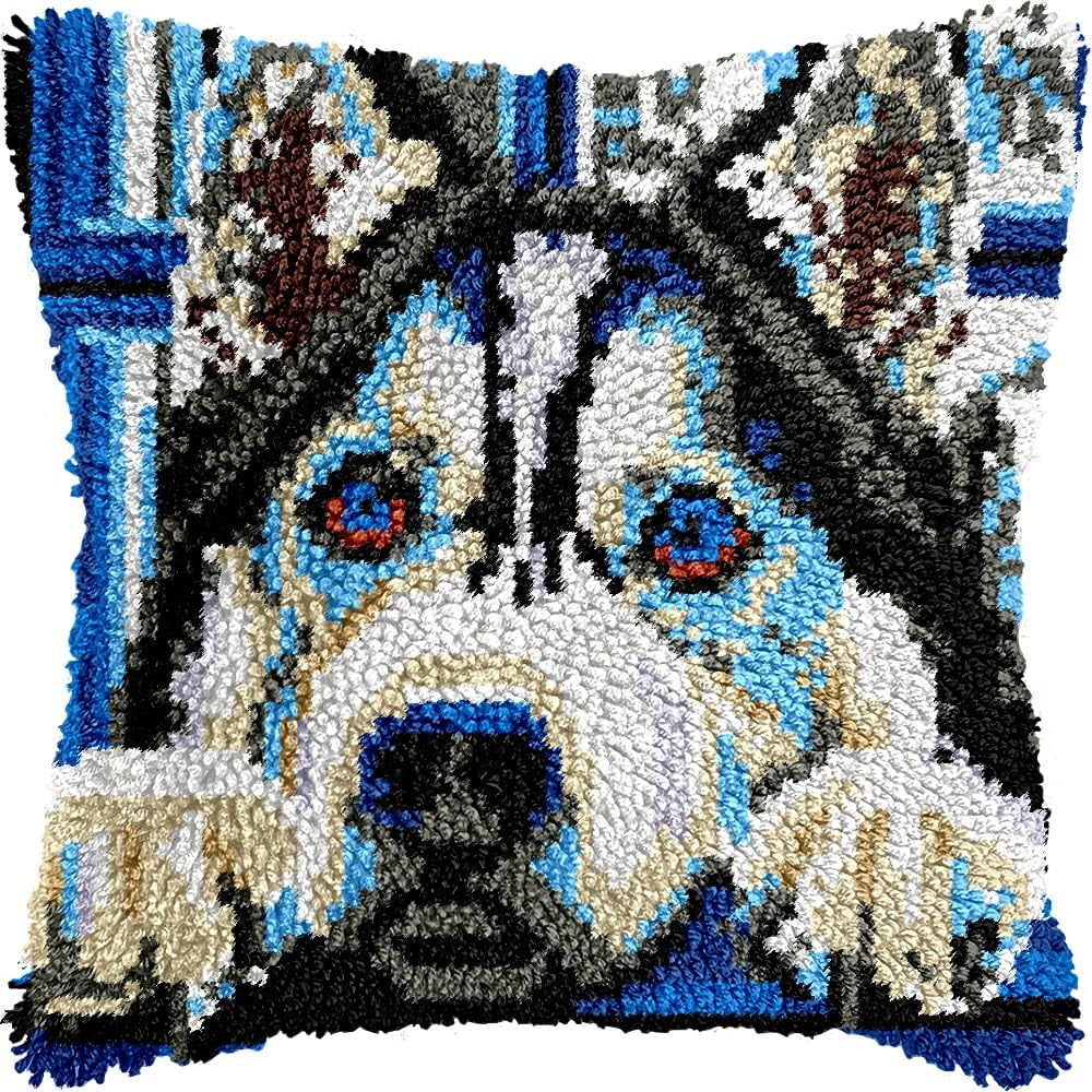 Husky Latch Hook Pillow Kits for DIY Handmade Throw Pillow Cushion Embroidery Latch Hooking Pillowcase Kits with Preprinted Canvas Crochet Yarn Kits 17''X 17''(g99)