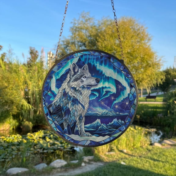 Husky & Northern Lights Stained Glass Style Wall and Window Decoration, Sun Catcher Wall Art, Indoor Decor, Winter Art, Window Hanging