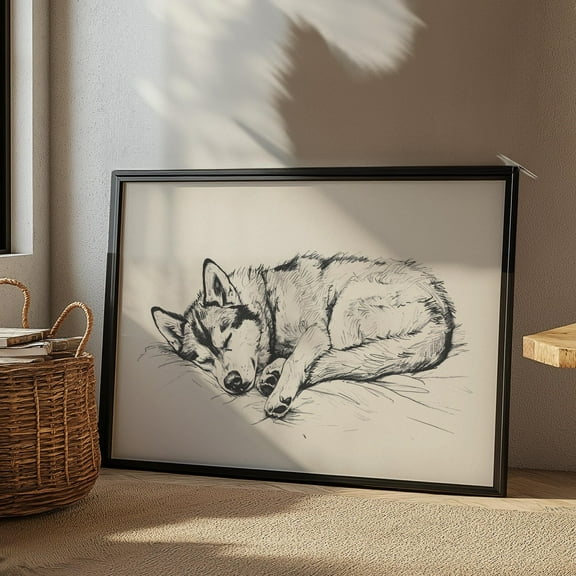 Husky Nursery Retro Print, Girls Room Vintage Decor, Sleeping Dog Wall Art, Boys Room Sketch, Baby Nursery Art, Dog Drawing, Dog Painting Wall Art, Modern Wall Decor, 12x18 UNFRAMED
