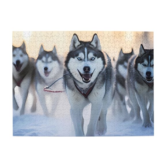 Husky Pack Running In Snow 500-Piece Wooden Jigsaw Puzzle for Adults, Fun & Challenging Family Brain-Teaser, Perfect Home Decor & Gift