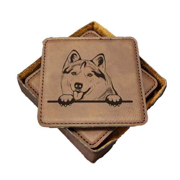 Husky Peek-a-Boo Coasters - Handmade Coasters Set of 6 - Engraved Barware Decorations - Leather Bar Decor - Man Cave Father's Day Present