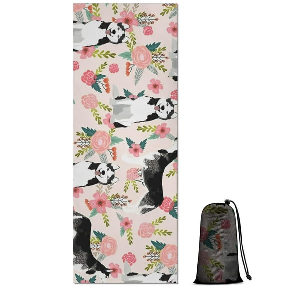Husky and Pink Pioneer Flower Hot Yoga Mat Towel Non Slip for Hot Yoga - Quick-Drying Yoga Mat Cover with 4 Corner Pockets with Travel Bag - Hot Yoga Towel Non Slip 70"x26"