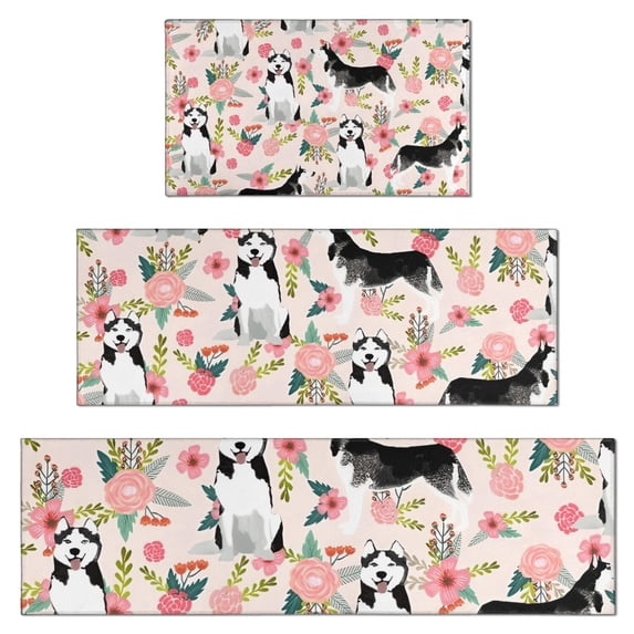 Husky and Pink Pioneer Flower Kitchen Rugs Sets Of 3,Kitchen Runner Rugs Non Skid Washable,Decorative Kitchen Floor Mats for Kitchen,Sink,Laundry,17"x30"+ 17"x47" + 17"x59"