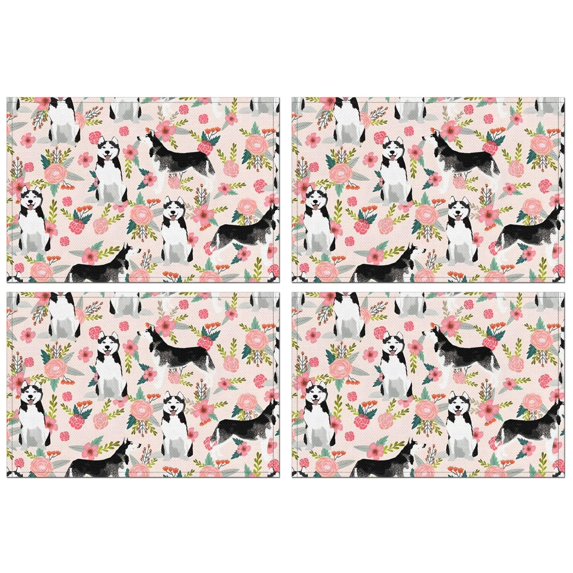 Husky and Pink Pioneer Flower Summer Placemats Table Placemats Set Of 4-Linen Kitchen Washable Placemats Table Mats 12x18 Inch Non-Slip Heat Resistant