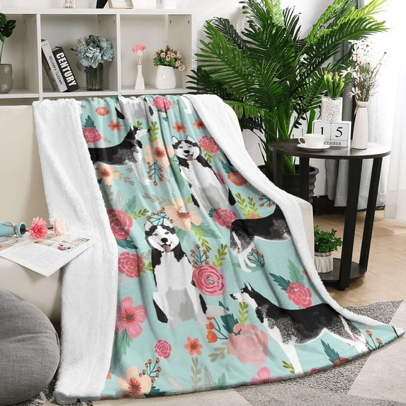 Husky and Pioneer Flower Blanket,Comfortable Soft Lamb Wool Throw Blanket,All Season,Warm Lightweight Blankets for Sofa Bed Couch Living Room Chair,50"x60"