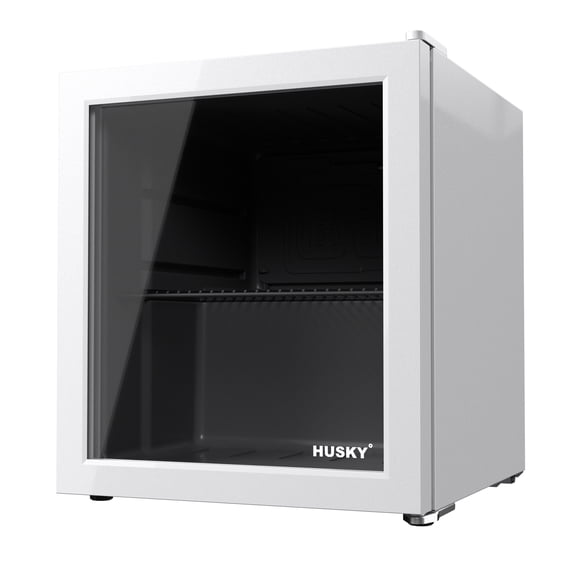 Husky Premium 46L Refrigerator 1.6 Cu. feet Reversible Glass Door Countertop Mini Fridge 16.9 in White, New