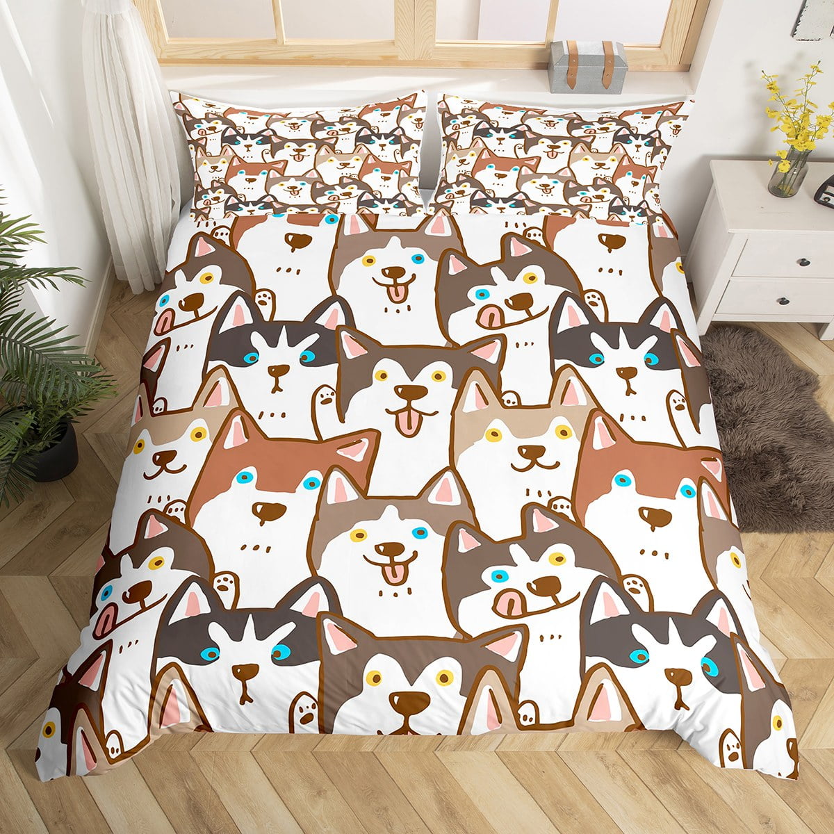 Husky Queen Comforter Cover for Boys Kids Cartoon Dog Puppy Print