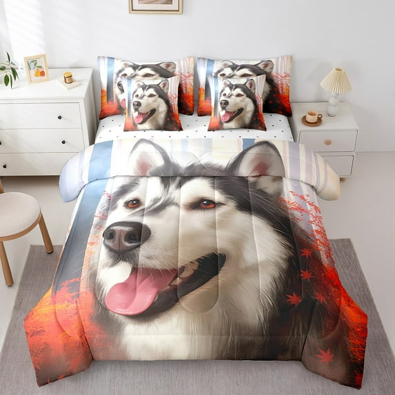 Husky Queen Size Comforter Set - Bedding Set Queen 7 Pieces,Puppy Doggy Cute Dog Bed in a Bag Lovely Animal Little Pet Fall Leaves Bed Set with Comforter,Sheets,Pillowcases & Shams