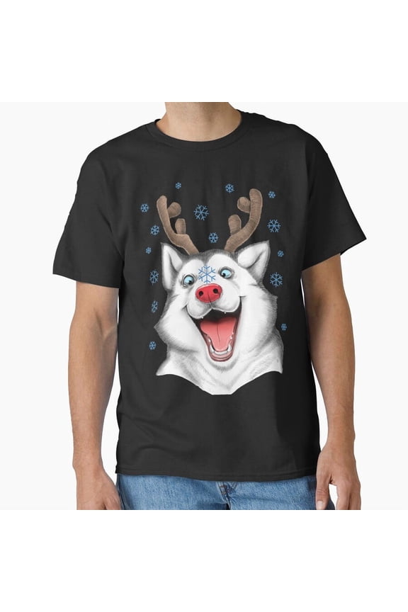 Husky Rudolph Style Cute Festive Winter Dog Holiday Cheer Art Unisex T-Shirt, up to size 5XL