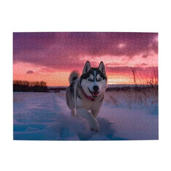 Husky Running In Snow Sunset 500-Piece Wooden Jigsaw Puzzle for Adults, Fun & Challenging Family Game, Stylish Wall Decor & Holiday Gift
