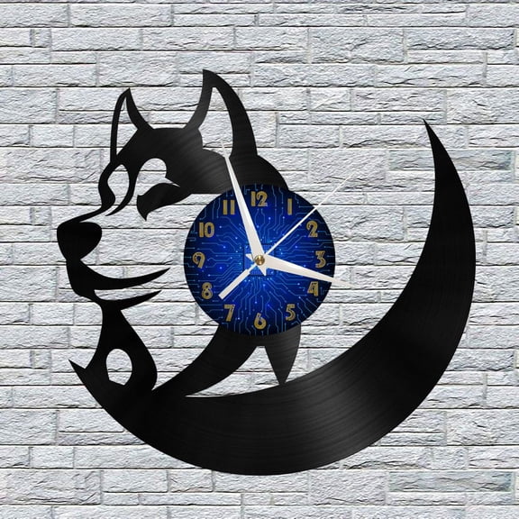 Husky Silhouette 12 Inch Vinyl Record Wall Clock - Silent, Creative, and Unique Clock for Living Room, Entryway, or Bedroom Decor - Perfect Gift Idea(12 inchs B without LED)