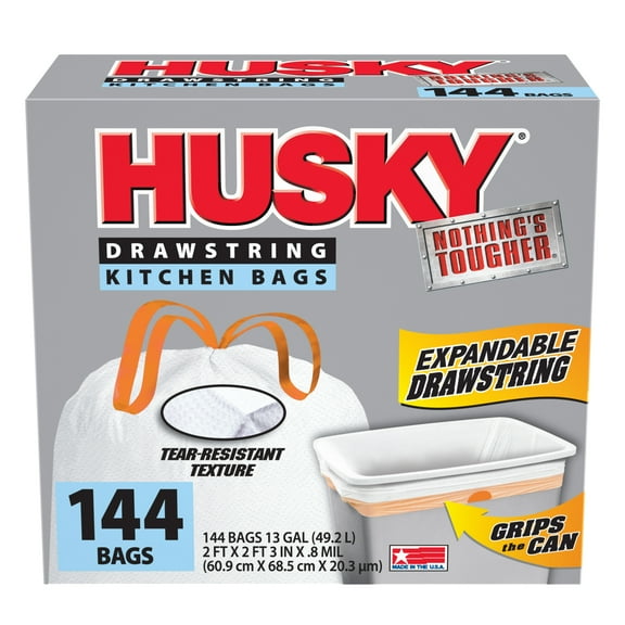 Husky Tall Kitchen Trash Bags - 13 Gallon, 144 Bags, Expandable Drawstring