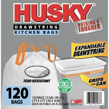 Husky Tall Kitchen White Trash Bags, 13 Gallon, 120 Bags (Expandable Drawstring, 10% PCR)