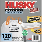 Husky Tall Kitchen White Trash Bags, 13 Gallon, 120 Bags Expandable Drawstring, 10% PCR