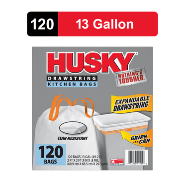Husky Tall Kitchen White Trash Bags, 13 Gallon, 120 Bags (Expandable Drawstring, 20 Percent Post-Consumer Recycled content)