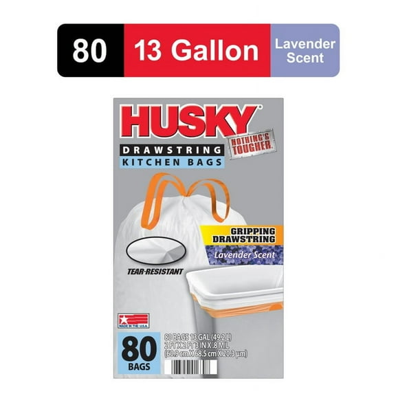 Husky 13 Gallon Tall Kitchen Drawstring Bags, Lavender Scented, 80 Bags