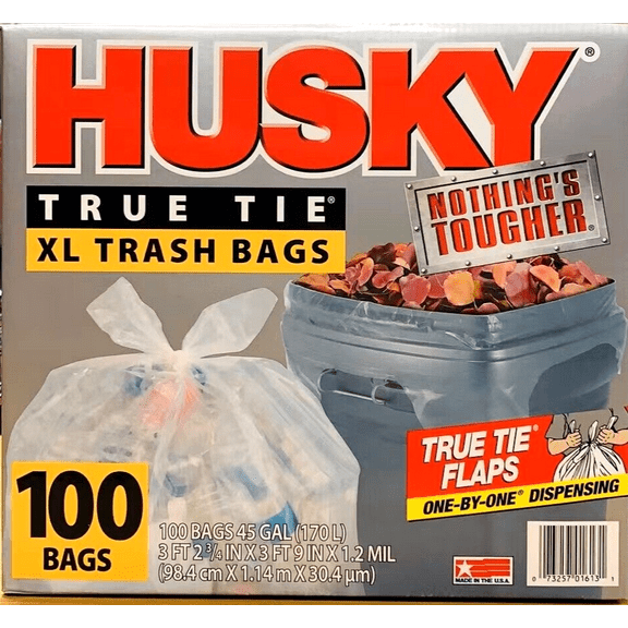 Husky True Tie XL Trash Bags, Clear, 45 Gallon, 100 ct