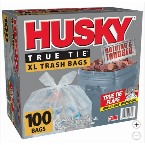 Husky True Tie XL Trash Bags, Clear, 45 Gallon, 100 ct