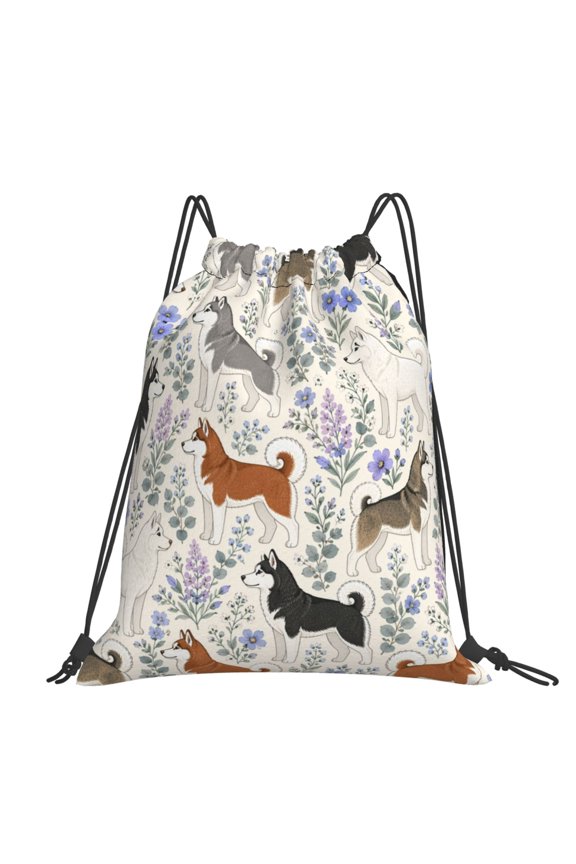Husky Wildflower Meadow Pattern Art Large Drawstring Backpack Casual Cinch Sack Bag Backpack for Sports Hiking Travel Gym