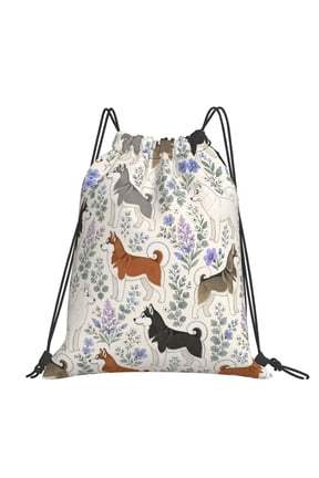 Husky Wildflower Meadow Pattern Art Large Drawstring Backpack Casual Cinch Sack Bag Backpack for Sports Hiking Travel Gym