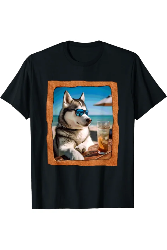 Husky With Sunglasses Enjoying Beach Time T-Shirt