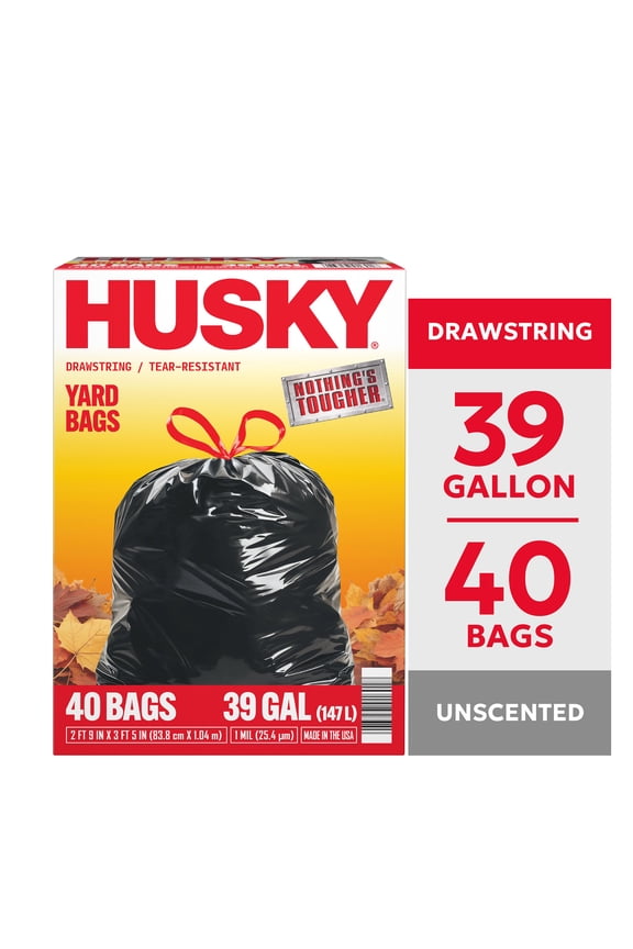 39 Gallon Drawstring Yard Bags, Black, 40 Bags