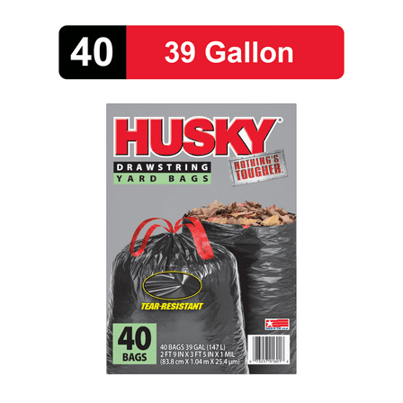 Husky 39 Gallon Drawstring Yard Bags, Black, 40 Bags