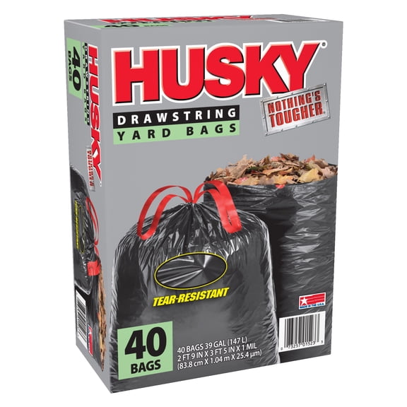 Husky 39 Gallon Drawstring Yard Bags, Black, 40 Bags