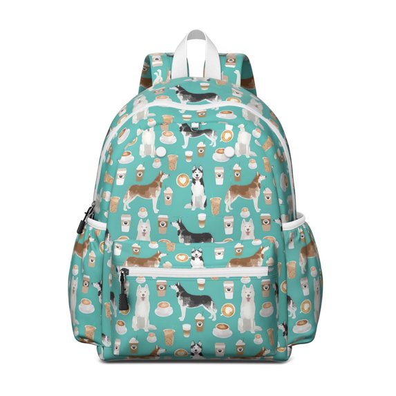 Husky and Coffee Backpack for School,Cute School Bag,Schoolbag with Adjustable Shoulder Straps & Padded Back,13.4"x11"x4.7"