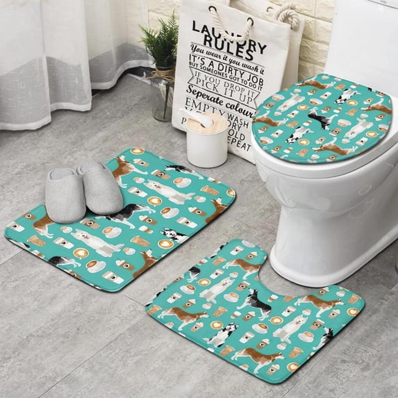 Husky and Coffee Bathroom Rugs Sets 3 Piece,Toilet Cover Set,Absorbent Non Slip Bathroom Mats Sets with U-Shaped Contour Rug Toilet Rug Set