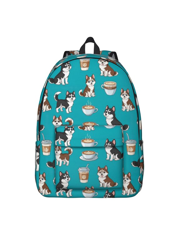 Husky and Coffee Blue Pattern Backpack for School, Cute School Bag with Adjustable Shoulder Straps and Padded Back, 15.7"x11.8"x5.5"