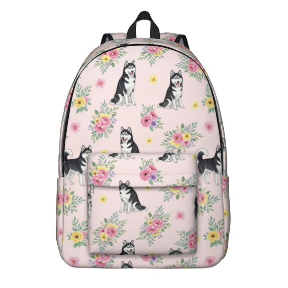 Husky and Floral Pink Pattern Backpack for School, Cute School Bag with Adjustable Shoulder Straps and Padded Back, 15.7"x11.8"x5.5"