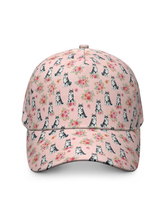 Husky and Floral Pink Pattern Baseball Cap, Casual Daily Hat with Snap Closure & Sweatband, Breathable Eyelets Gifts for Sports Outdoor Travel