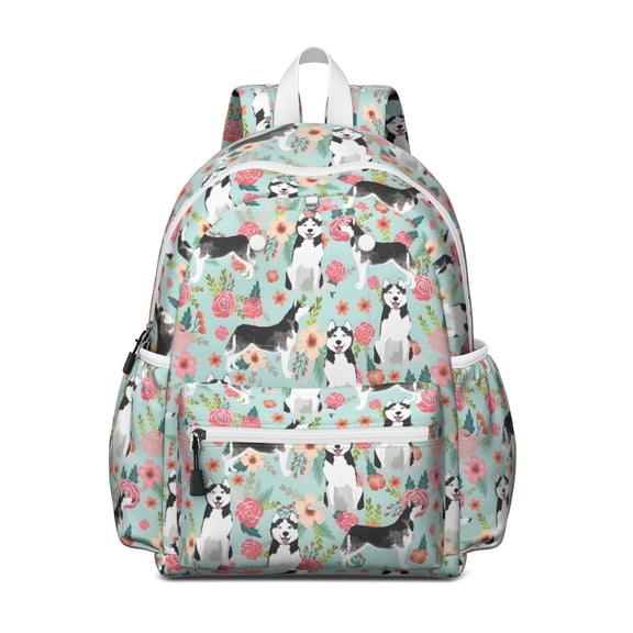 Husky and Flower Backpack for School,Cute School Bag,Schoolbag with Adjustable Shoulder Straps & Padded Back,13.4"x11"x4.7"