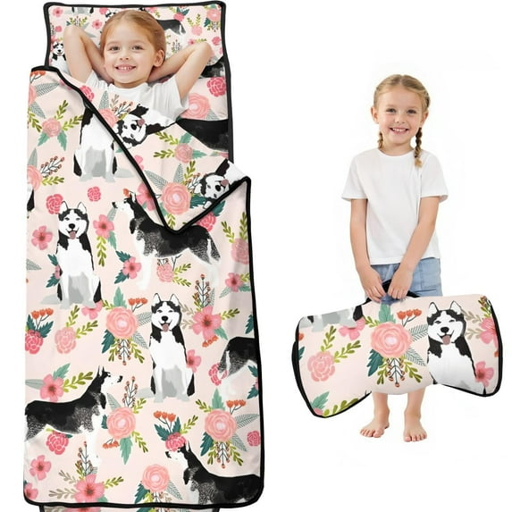 Husky and Pink Pioneer Flower Toddler Nap Mats for Kids Preschool,Sleeping Mat Bag or Kids,Toddler Sleeping Bag,Toddler Nap Mat or Daycare