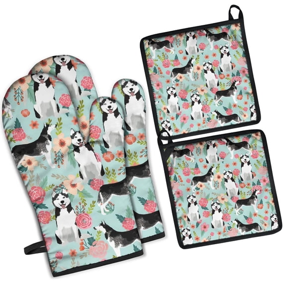 Husky and Pioneer Flower Kitchen Oven Mitt and Pot Holder Sets 2 Pcs for Baking, Cooking and Grilling, Heat Resistant Up To 392 °F