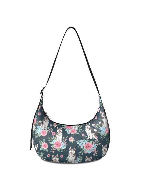Husky and Rose Blue Pattern Hobo Shoulder Bag, Travel Hobo Tote with Adjustable Strap, Smooth Zipper Gift Ideas for Holiday Birthday Gifts